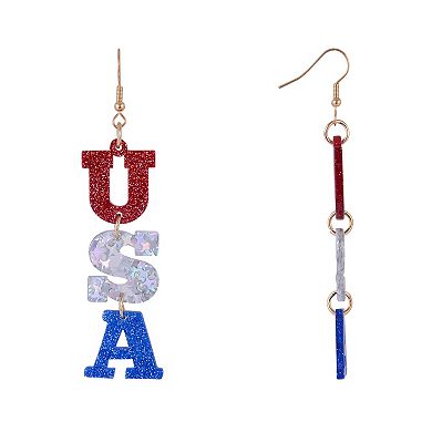 Red, White and Blue Acrylic "USA" Linear Drop Earrings