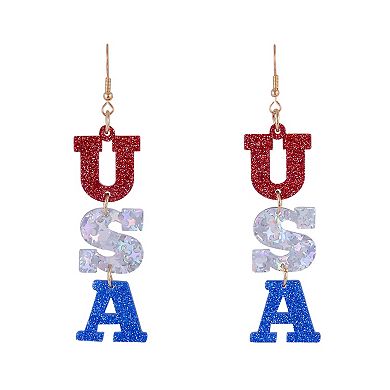Red, White and Blue Acrylic "USA" Linear Drop Earrings