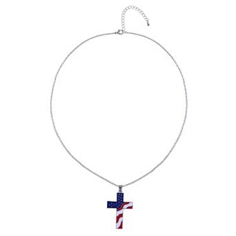 Silver-Tone American Flag Cross Pendant Necklace