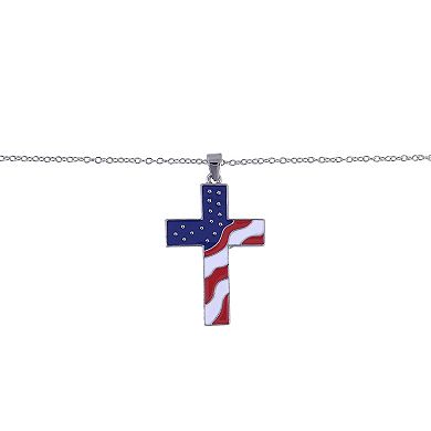 Silver-Tone American Flag Cross Pendant Necklace