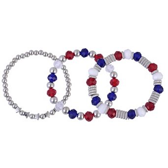 Red, White & Blue Silver Tone 3 pc Beaded Stretch Bracelet Set