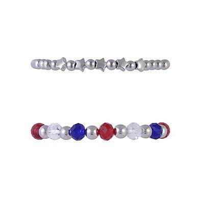 Red, White & Blue Silver Tone 3-Piece Beaded Stretch Bracelet Set