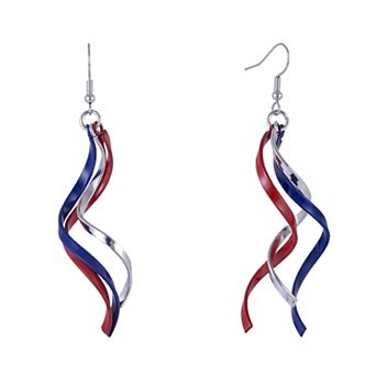 Red, Silver-Tone & Blue Linear Spiral Earrings
