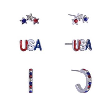 Silver-Tone Red, White & Blue Stone "U.S.A." 3-Pair Earring Set with Stars & Hoops