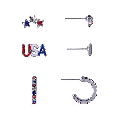 Silver-Tone Red, White & Blue Stone "U.S.A." 3-Pair Earring Set with Stars & Hoops