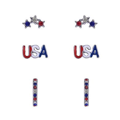 Silver-Tone Red, White & Blue Stone "U.S.A." 3-Pair Earring Set with Stars & Hoops
