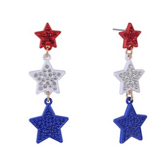 Red, White & Blue Enamel Star Linear Drop Earrings