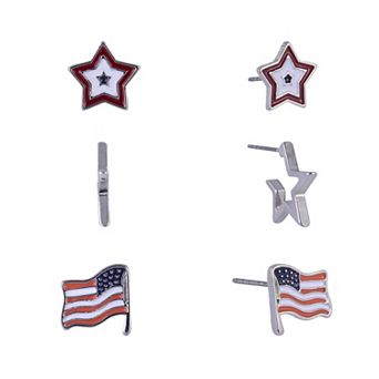 Silver-Tone Trio Earring Set with American Flag & Stars