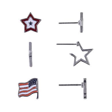 Silver-Tone Trio Earring Set with American Flag & Stars