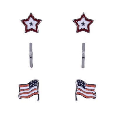 Silver-Tone Trio Earring Set with American Flag & Stars
