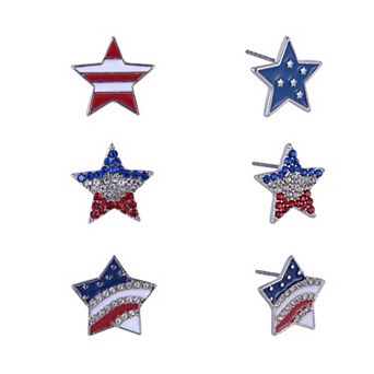 Silver-Tone 3-Pair Enamel & Stone Star Stud Earring Set
