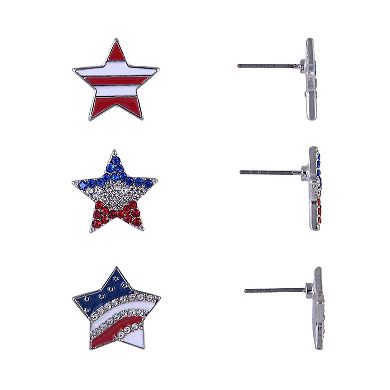 Silver-Tone 3-Pair Enamel & Stone Star Stud Earring Set