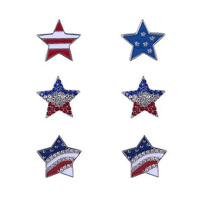 Silver-Tone 3-Pair Enamel & Stone Star Stud Earring Set