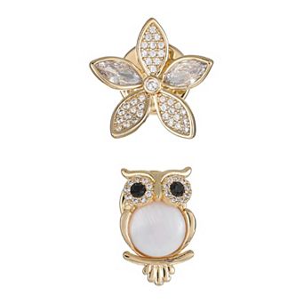City Luxe Gold-Tone Mother-of-Pearl Owl & Flower Duo Pins Set