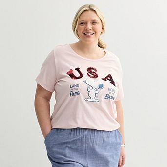 Plus Size Peanuts Snoopy USA Free Brave Sequin Graphic Tee