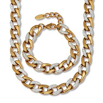 PalmBeachJewelry Round Crystal Gold Ion-Plated Stainless Steel Link Necklace Set 18 to 20-inch