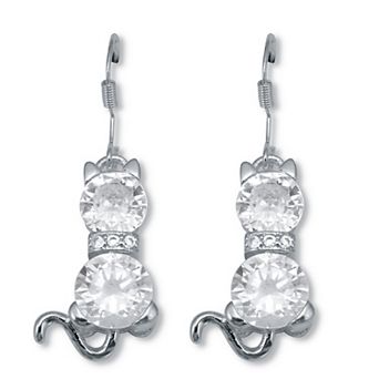 PalmBeach Jewelry Round Crystal Silvertone Cat Earrings