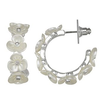 You're Invited Silver Tone Simulated Pearl Flower C-Hoop Earrings