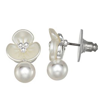 You're Invited Silver Tone Simulated Pearl Flower Drop Earrings