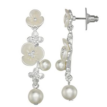 You're Invited Silver Tone Simulated Pearl Flower Linear Earrings