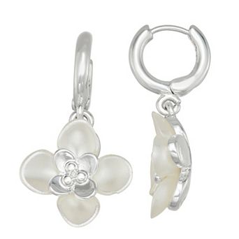 You're Invited Silver Tone Simulated Pearl Flower Hoop Drop Earrings