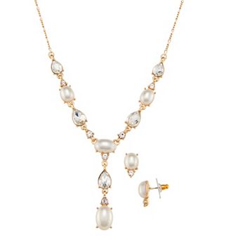 You're Invited Gold Tone Simulated Pearl & Crystal Necklace & Stud Earring Set