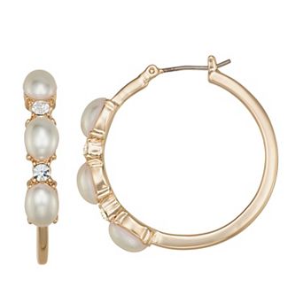 You're Invited Gold Tone Simulated Pearl Crystal Hoop Earrings