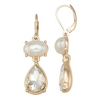 You're Invited Gold Tone Simulated Pearl Crystal Double Drop Earrings