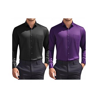 2 Packs Men's Dress Shirts Solid Long Sleeve Regular Fit Formal Business Button Down Formal Shirts