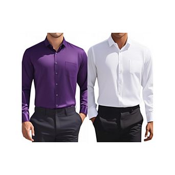 2 Packs Men's Dress Shirts Solid Long Sleeve Regular Fit Formal Business Button Down Formal Shirts