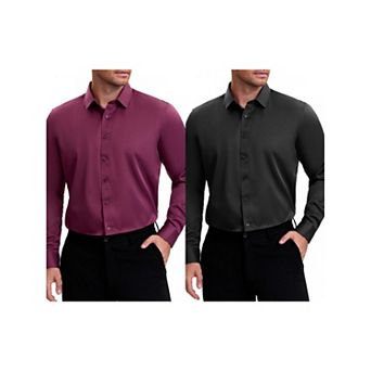 2 Packs Men's Point Collar Long Sleeve Button Down Solid Color Formal Dress Shirts