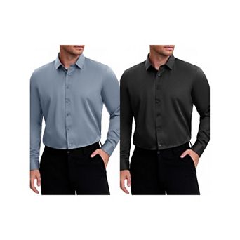 2 Packs Men's Point Collar Long Sleeve Button Down Solid Color Formal Dress Shirts
