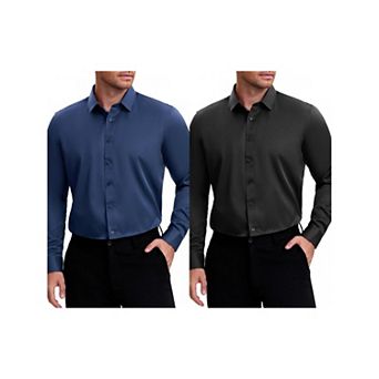 2 Packs Men's Point Collar Long Sleeve Button Down Solid Color Formal Dress Shirts