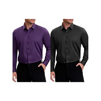 2 Packs Men's Point Collar Long Sleeve Button Down Solid Color Formal Dress Shirts