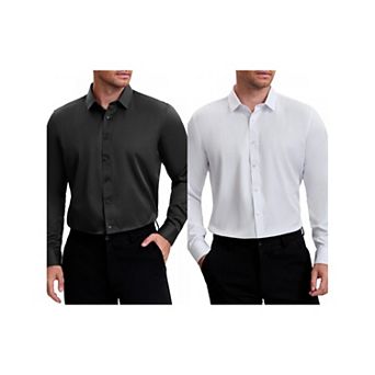 2 Packs Men's Point Collar Long Sleeve Button Down Solid Color Formal Dress Shirts