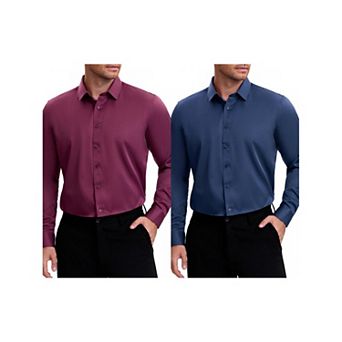 2 Packs Men's Point Collar Long Sleeve Button Down Solid Color Formal Dress Shirts