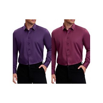 2 Packs Men's Point Collar Long Sleeve Button Down Solid Color Formal Dress Shirts