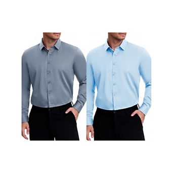 2 Packs Men's Point Collar Long Sleeve Button Down Solid Color Formal Dress Shirts