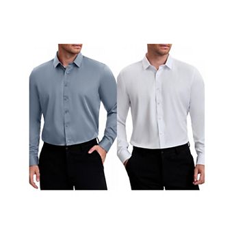2 Packs Men's Point Collar Long Sleeve Button Down Solid Color Formal Dress Shirts