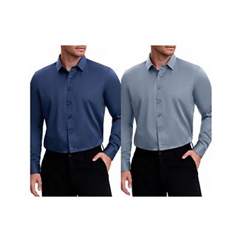 2 Packs Men's Point Collar Long Sleeve Button Down Solid Color Formal Dress Shirts