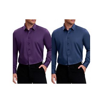 2 Packs Men's Point Collar Long Sleeve Button Down Solid Color Formal Dress Shirts