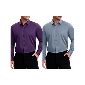 2 Packs Men's Point Collar Long Sleeve Button Down Solid Color Formal Dress Shirts