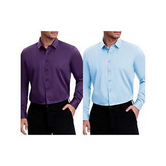 2 Packs Men's Point Collar Long Sleeve Button Down Solid Color Formal Dress Shirts