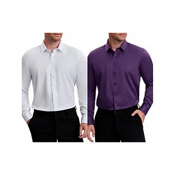 2 Packs Men's Point Collar Long Sleeve Button Down Solid Color Formal Dress Shirts