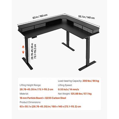 Electric L-Shaped Standing Desk 63" with Monitor Stand and Storage Drawers
