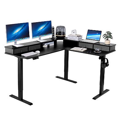 Electric L-Shaped Standing Desk 63" with Monitor Stand and Storage Drawers