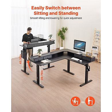 Electric L-Shaped Standing Desk 63" with Monitor Stand and Storage Drawers