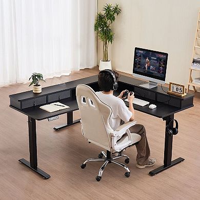 Electric L-Shaped Standing Desk 63" with Monitor Stand and Storage Drawers