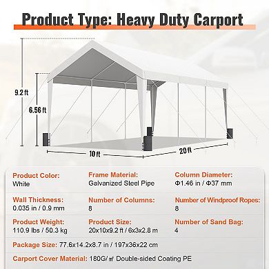 10x20 Carport Canopy with PE Cover and Galvanized Steel Frame White