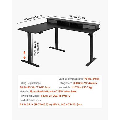 Electric L-Shaped Standing Desk 63" Corner Workstation with Power Ports